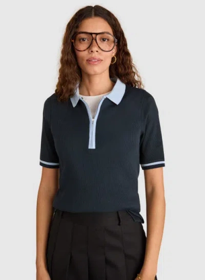 Baukjen Lydia Cotton Rib Zip Collar Top In Blue