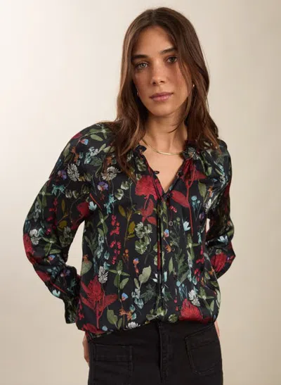 Baukjen Printed Long Sleeve Satin Blouse In Black Botanical Print