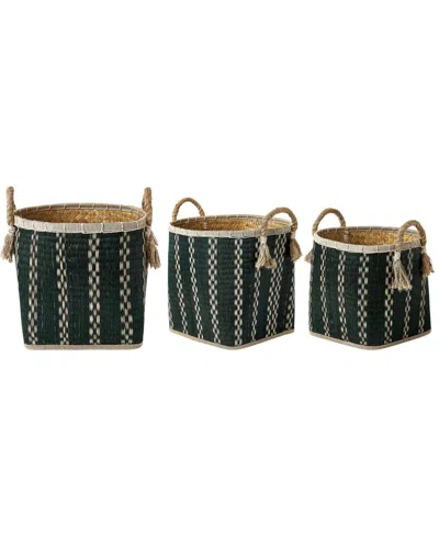 Baum 3 Piece Round Top And Square Bottom Palm Leave Basket Set With Rope Handles And Tassels In Black And Natural
