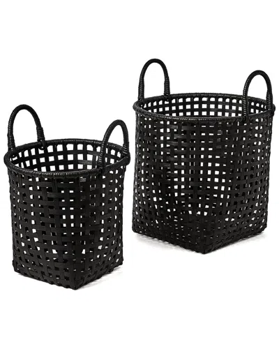BAUM BAUM SET OF 2 OPEN CROSSHATCH WEAVE BAMBOO BASKETS WITH EAR HANDLES