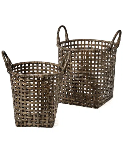 BAUM BAUM SET OF 2 OPEN CROSSHATCH WEAVE BAMBOO BASKETS WITH EAR HANDLES