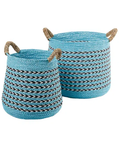 BAUM BAUM SET OF 2 ROUND REVERSE TAPER RAFFIA AND SEAGRASS BASKETS WITH EAR HANDLES