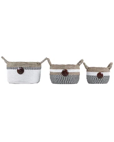 BAUM BAUM SET OF 3 RAFFIA & SEAGRASS BASKETS WITH COCO BUTTONS AND EAR HANDLES