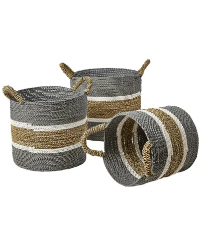 BAUM BAUM SET OF 3 ROUND SEAGRASS AND RAFFIA BASKETS WITH EAR HANDLES