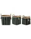 Baum Set Of 3 Round Top Palm Leave Baskets With Rope Handles And Tassels In Black