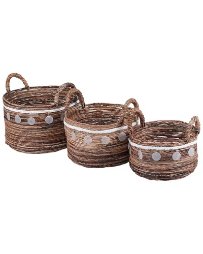 Baum Set Of 3 Twisted Dark Banana Baskets With Capiz Accents And Ear Handles In Gold