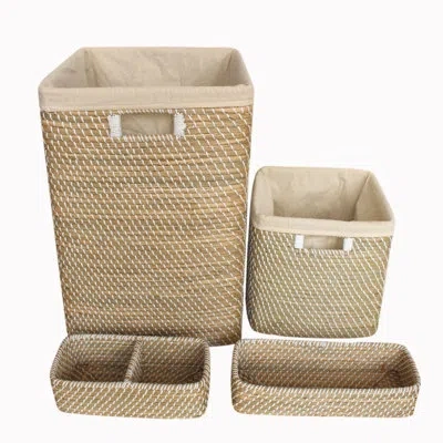 Baum Set Of 4 Hamper And Bath Accessories In Natural,white
