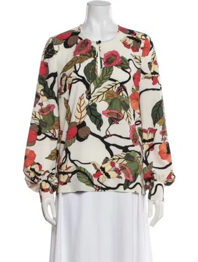 Pre-owned Baum Und Pferdgarten Floral Print Crew Neck Blouse In Blue/white
