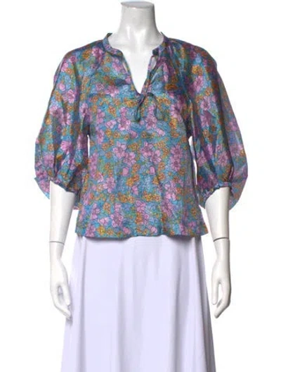 Pre-owned Baum Und Pferdgarten Floral Print Tie Neck Blouse In Blue/metallic