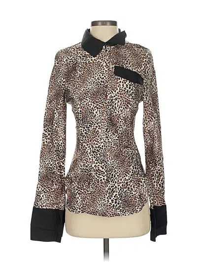 Pre-owned Baum Und Pferdgarten Long Sleeve Silk Top Brown Animal Print Pattern High Neck Tops