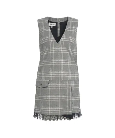 Baum Und Pferdgarten Mini Dress With Grey Plaid Pattern And Fringed Hem In Gray