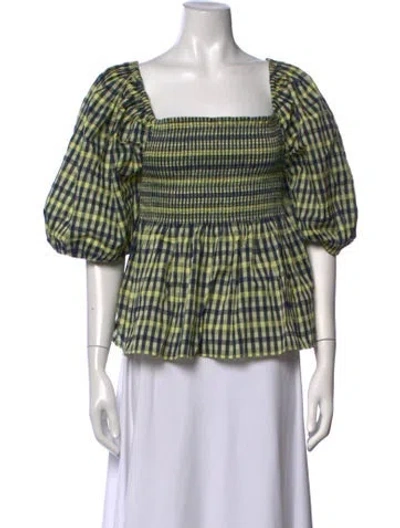 Pre-owned Baum Und Pferdgarten Plaid Print Square Neckline Blouse In Green