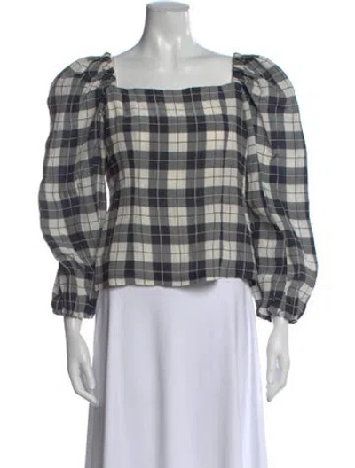 Pre-owned Baum Und Pferdgarten Plaid Print Square Neckline Blouse W/ Tags In Blue