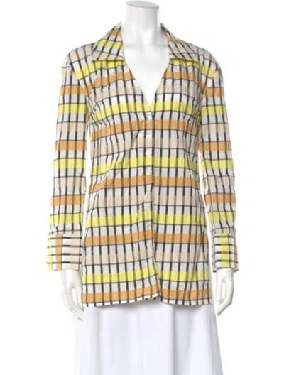 Pre-owned Baum Und Pferdgarten Plaid Print V-neck Button-up Top In White