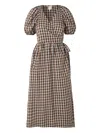 Baum Und Pferdgarten Puff-sleeve Gingham Midi Dress In Brown