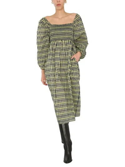 Baum Und Pferdgarten Women's Mini Dress With Straight Neckline And Smock Detail In Green