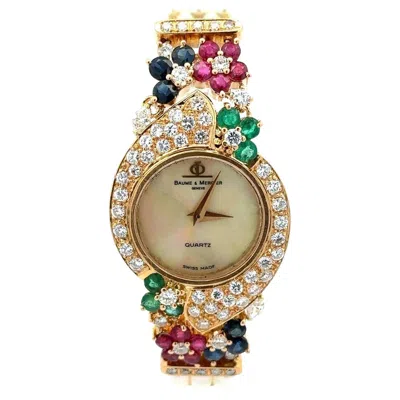 Pre-owned Baume & Mercier 18k Gold Diamond & Gemstone Multi Strand Pearl Watch Bracelet