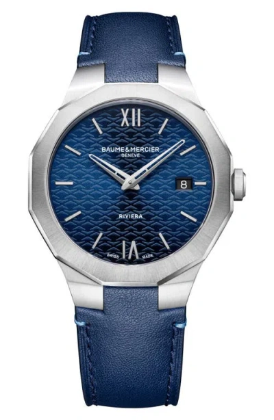 Baume & Mercier Riviera 73 Leather Strap Watch, 39mm In Blue