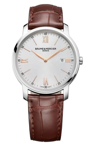 Baume & Mercier Classima Leather Strap Watch, 42mm In Silver/gold/brown