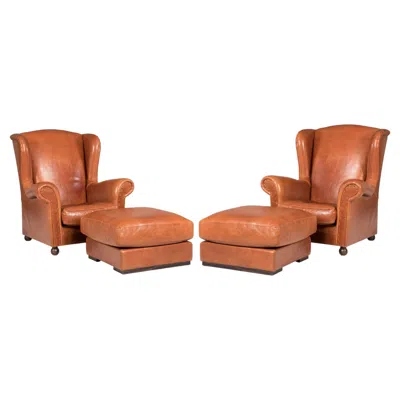 Pre-owned Baxter Leather  Armchairs With Poufs Set Of 4 Pieces In Orange