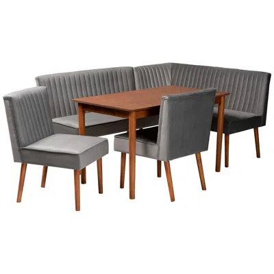 Baxton Studio Alvis Gray Velvet Fabric Walnut Brown 5-piece Dining Set