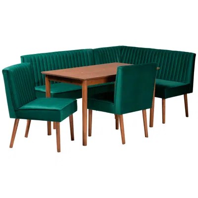 Baxton Studio Alvis Green Velvet Fabric Walnut Brown 5-piece Dining Set