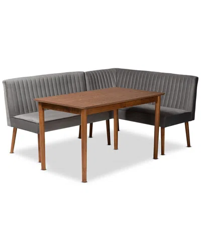 Baxton Studio Alvis Mid-century Modern Velvet Upholstered 3pc Dining Nook Set In Grey