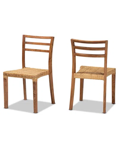 Baxton Studio Arthur Wood And Natural Rattan 2pc Dining Chair Set In Brown
