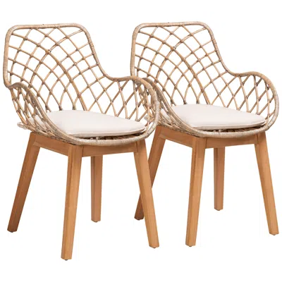 Baxton Studio Ballerina Graywash Rattan Brown Wood Dining Chairs Set Of 2