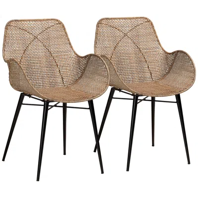 Baxton Studio Ballerina Graywashed Rattan Dining Chairs Set Of 2 In Brown