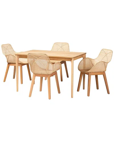 Baxton Studio Ballerina Japandi Mahogany & Rattan 5pc Dining Set In Neutral