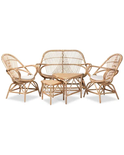 Baxton Studio Jayden Upholstered Rattan 5pc Living Room Set In White