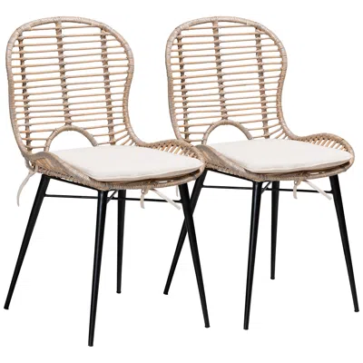 Baxton Studio Brenna Gray-washed Rattan Black Metal Dining Chairs Set Of 2 In Neutral