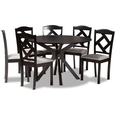 Baxton Studio Carlin Gray Fabric Dark Brown Wood 7-piece Dining Set In Black