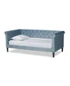 BAXTON STUDIO CORA MODERN AND CONTEMPORARY LIGHT BLUE VELVET FABRIC UPHOLSTERED AND DARK BROWN FINISHED WOOD TWIN 