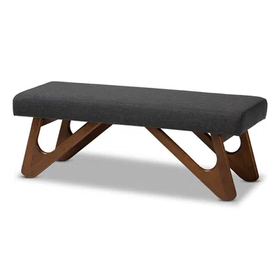 Baxton Studio Dark Grey Fabric Upholstered Walnut Brown Finished Boomerang Bench