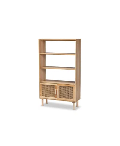 Baxton Studio Faulkner Mid-century Modern Natural Brown Finished Wood And Rattan 2-door Bookcase In Beige,natural Brown