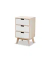 BAXTON STUDIO HALIAN MID-CENTURY MODERN TWO-TONE WHITE AND LIGHT BROWN FINISHED WOOD 3-DRAWER END TABLE