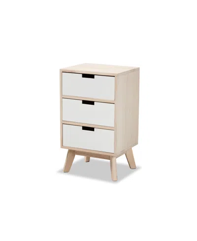 BAXTON STUDIO HALIAN MID-CENTURY MODERN TWO-TONE WHITE AND LIGHT BROWN FINISHED WOOD 3-DRAWER END TABLE