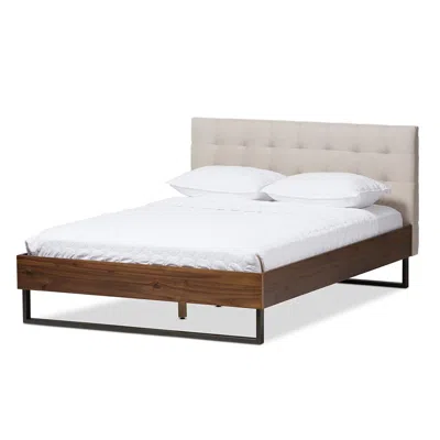 Baxton Studio Industrial Walnut Wood Beige Fabric Dark Bronze Metal Queen Size Platform Bed In Burgundy