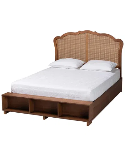 Baxton Studio Latrell Mid-century Wood & Rattan Queen Size Storage Bed In Brown