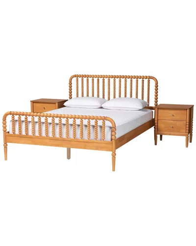 Baxton Studio Lucera Mid-century Queen Size 3pc Bobbin Bedroom Set In Brown