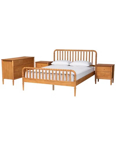 Baxton Studio Lucera Mid-century Queen Size 4pc Bobbin Bedroom Set In Brown