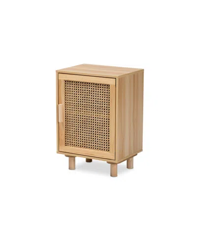 Baxton Studio Maclean Mid-century Modern Rattan And Natural Brown Finished Wood 1-door End Table In Beige,natural Brown