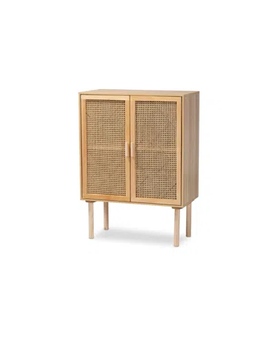 Baxton Studio Maclean Mid-century Modern Rattan And Natural Brown Finished Wood 2-door Storage Cabinet In Beige,natural Brown