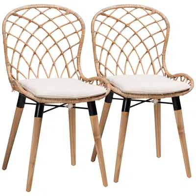 Baxton Studio Sabelle Gray-washed Rattan Brown Wood Dining Chairs Set Of 2 In Neutral