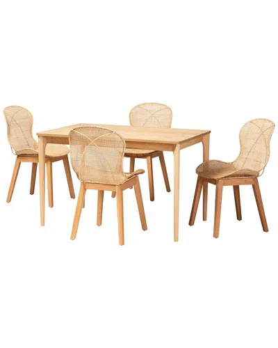 Baxton Studio Sabelle Japandi Mahogany & Rattan 5pc Dining Set In Neutral