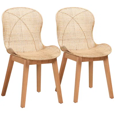 Baxton Studio Sabelle Natural Brown Wood Rattan Dining Chairs Set Of 2