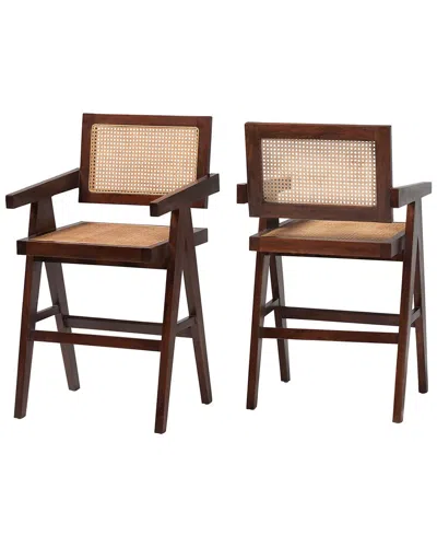 BAXTON STUDIO BAXTON STUDIO SET OF 2 KRESNA RATTAN COUNTER STOOLS WITH MAHOGANY WOOD FRAME &  ARMREST