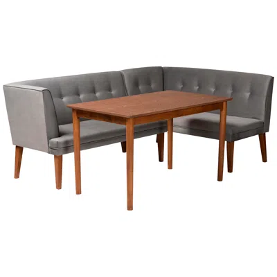 Baxton Studio Stewart Gray Velvet Fabric Walnut Brown 3-piece Dining Set